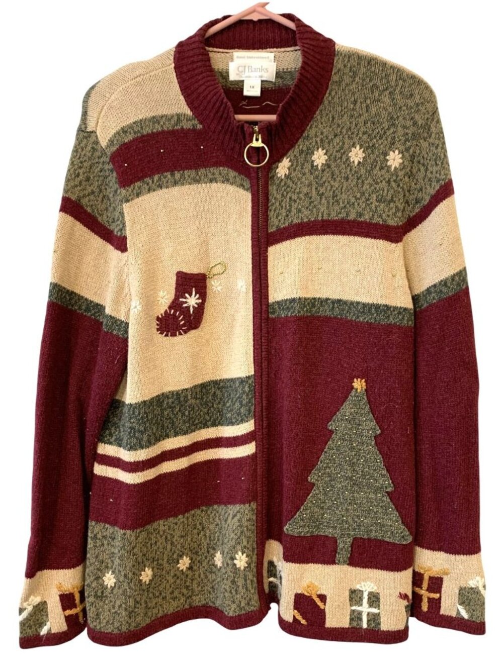 CJ Banks 1X Hand Embroidered Zip Cardigan Holiday Sweater Angora Grandmacore